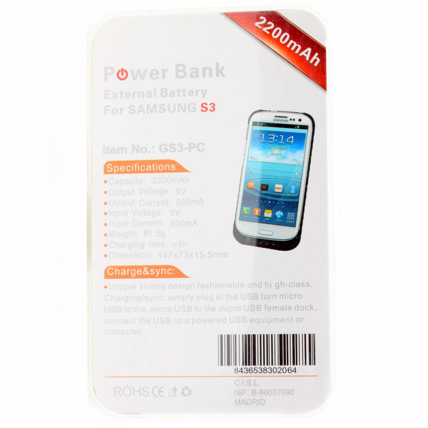 Funda con bateria Samsung S3 2200 mAh